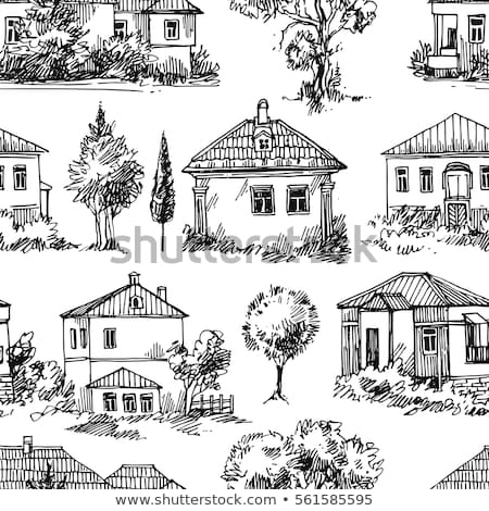 Graphic drawings of houses and trees in rows in a patterned