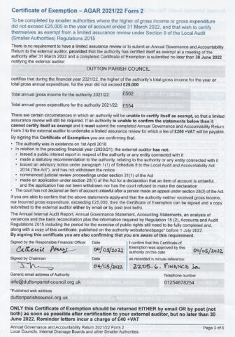 Dutton Parish Council Certificate of Exemption 2021 2022