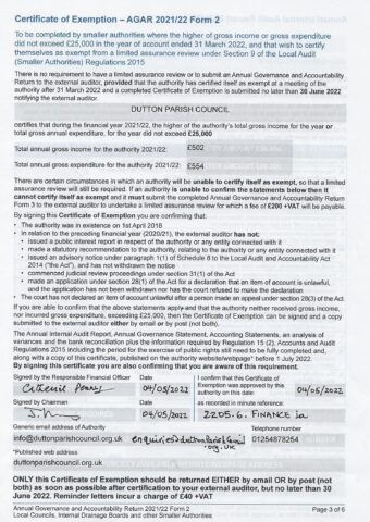Dutton Parish Council 22 06 Certificate of Exemption